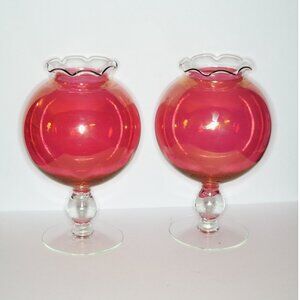 Set Of 2 Vintage Footed Rose Bowls Cranberry Pink Top Ruffled Rims Clear Base